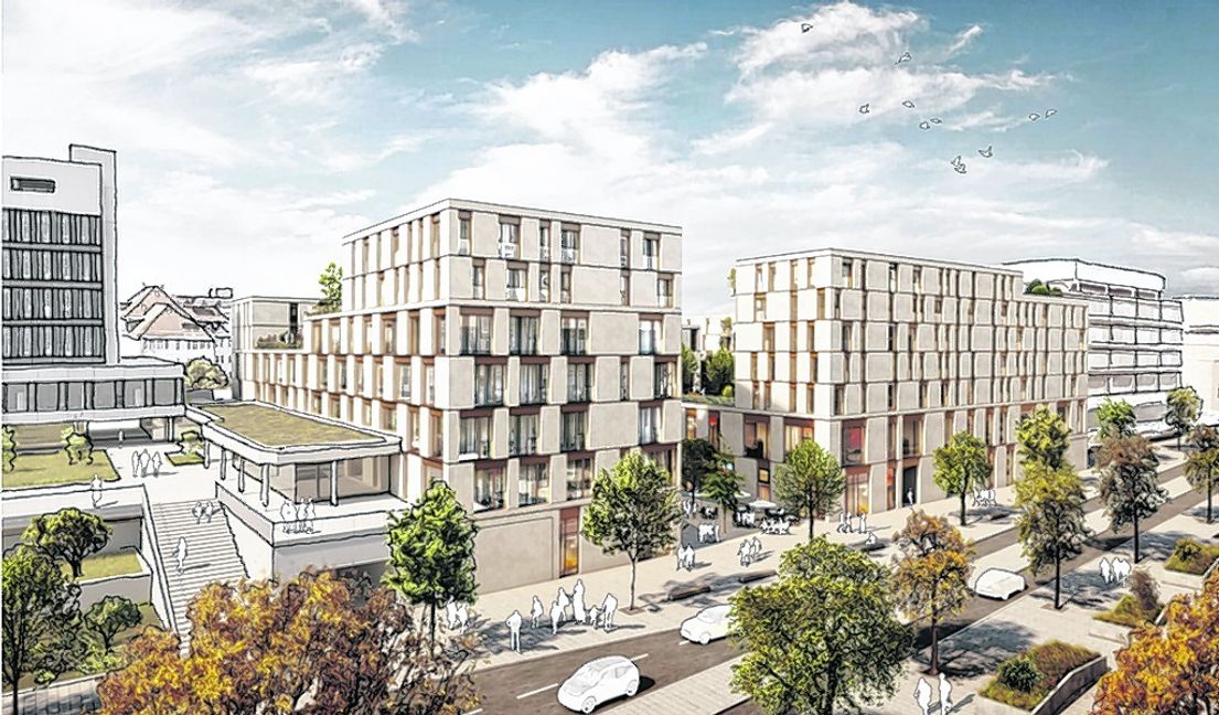 Im Norden sind die Zufahrten zur Tiefgarage und die Laderampen für die Ladengeschäfte in den Erdgeschossen und in der ersten Etage (im rechten Gebäudeteil). Darüber sind Büros/Praxen (links) und Wohnungen geplant.