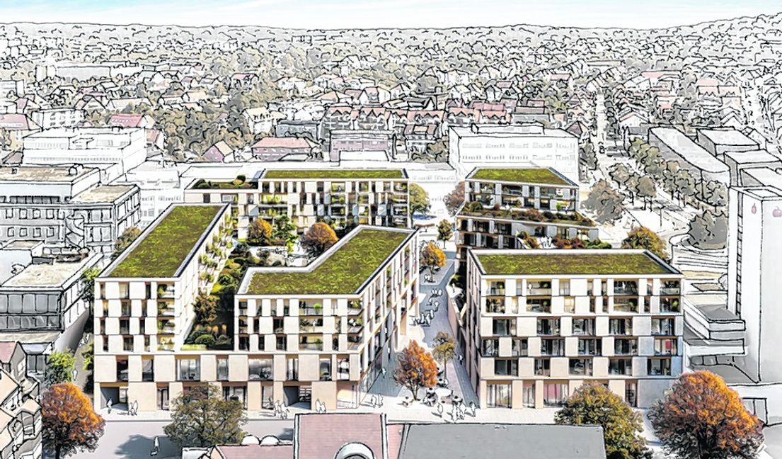 Der Blick von Süden, auf die Front an der Olgastraße, zeigt den Innenhof zwischen den Wohneinheiten (links) und den sich öffnenden Durchgang zur Wolfgang-Brumme-Allee. Bilder: Steinhoff/Haehnel Architekten GmbH