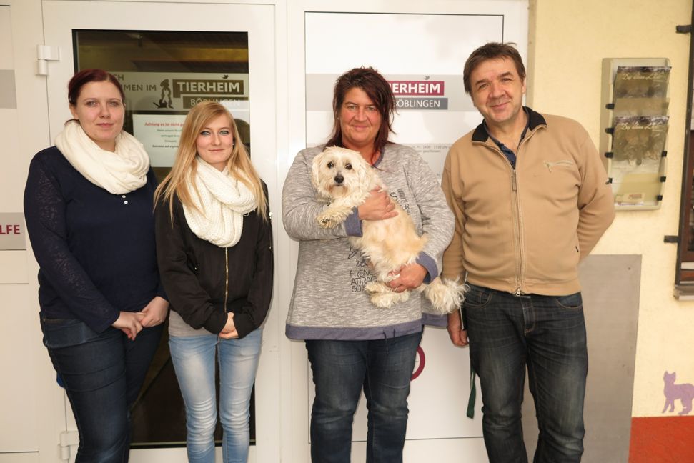 Viel Herzblut: Mitarbeiterin Mareike Kuhn, Auszubildende Vanessa Königseder, Tierheimleiterin Ute Andok mit Hund Max (der aktuell noch ein Zuhause sucht), und Chefkleintierpfleger Piotr Malachowski (von links). Bild: Schütz.