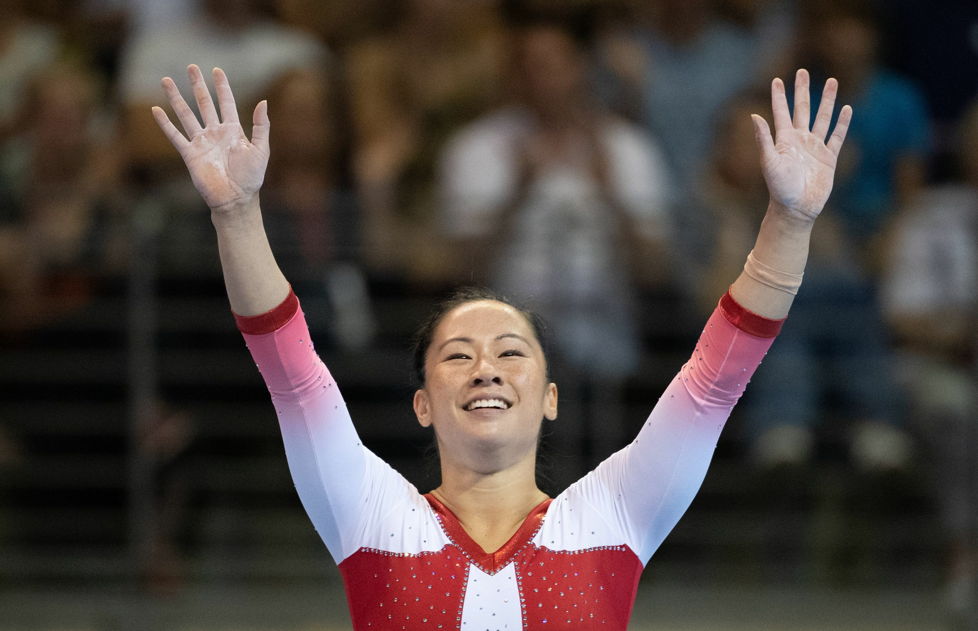 04.08.2019, Berlin: Turnen: Deutsche Meisterschaft, Entscheidungen, Frauen, Max-Schmeling-Halle. Boden: Kim Bui jubelt. Foto: Marijan Murat/dpa | Verwendung weltweit
