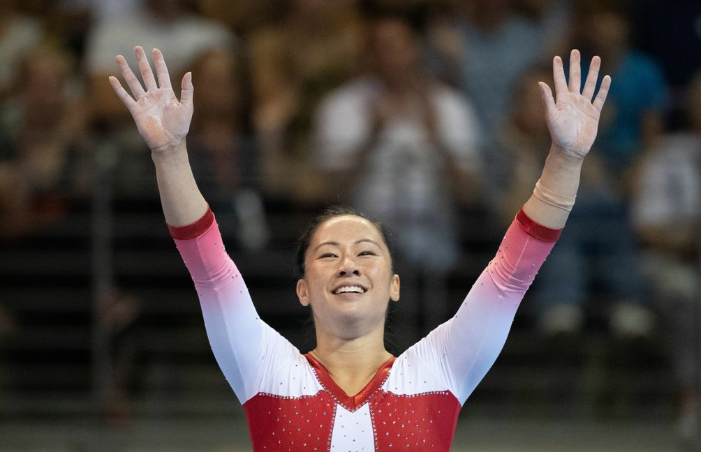 04.08.2019, Berlin: Turnen: Deutsche Meisterschaft, Entscheidungen, Frauen, Max-Schmeling-Halle. Boden: Kim Bui jubelt. Foto: Marijan Murat/dpa | Verwendung weltweit