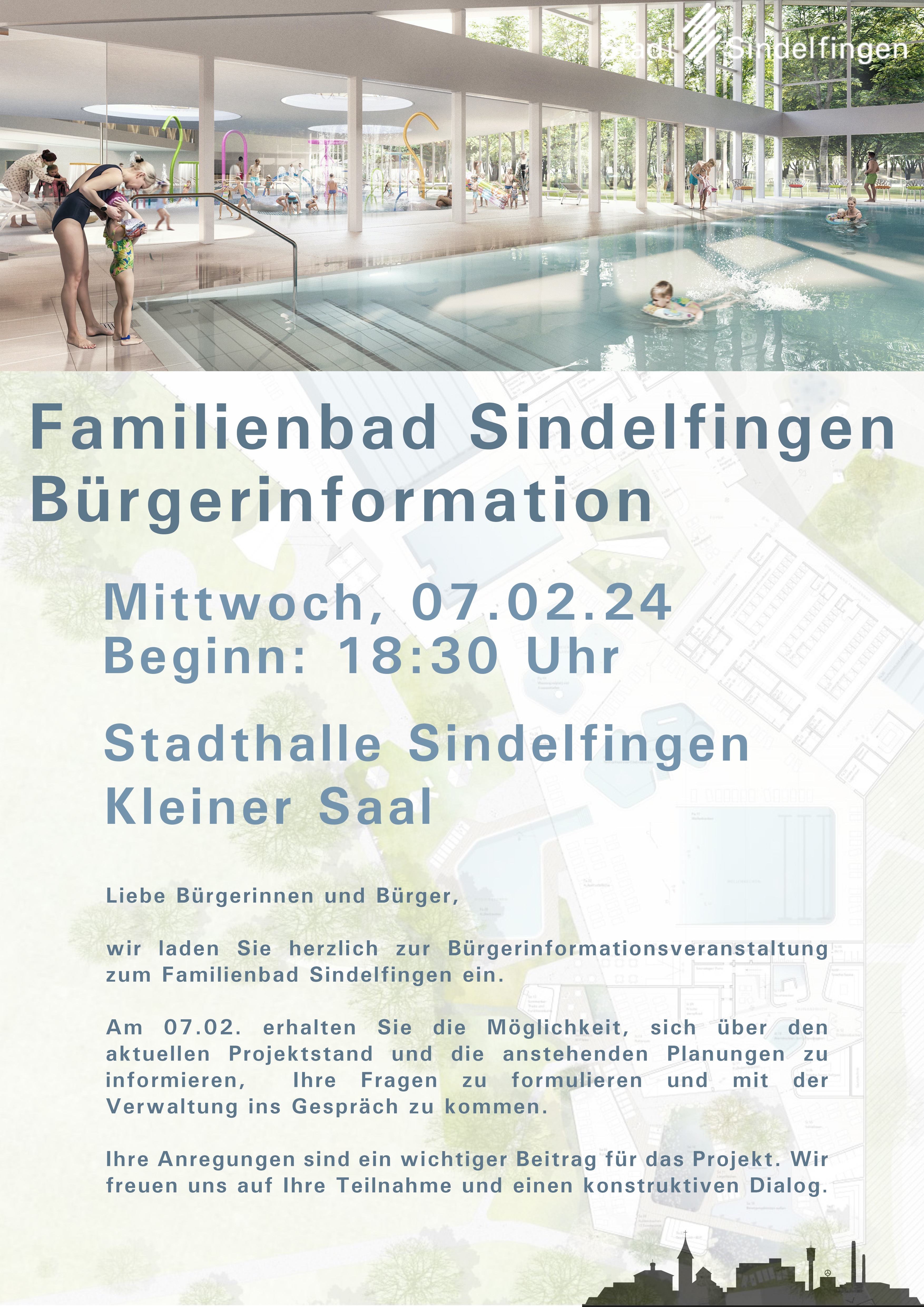Mit diesem Plakat wird die Stadt  für den Infoabend zur Zukunft des Badezentrums.  Bild: Stadt Sindelfingen