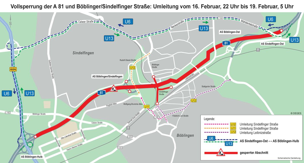 Gesperrt werden der Abschnitt zwischen der Anschlussstelle (AS) Sindelfingen-Ost und AS Böblingen-Hulb sowie die Böblinger/Sindelfinger Straße im Bereich der neuen Brücke.    Grafik: DEGES