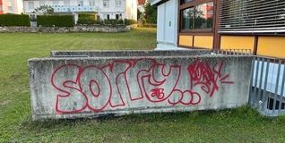 Unbekannte sprühten ein Graffiti an die Schulmauer.