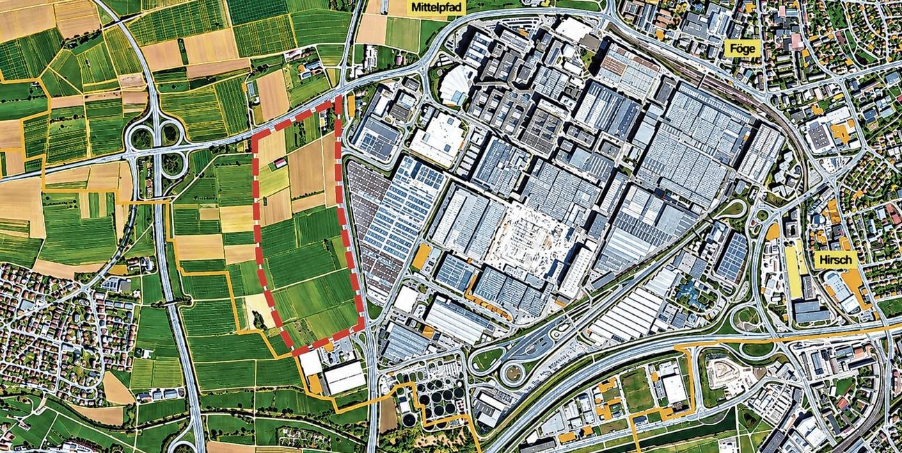 Hier soll das neue Gewerbe- und Industriegebiet entstehen. Das Luftbild zeigt das Mercedes-Werk Sindelfingen. An das Areal grenzt direkt die Factory 56 an.