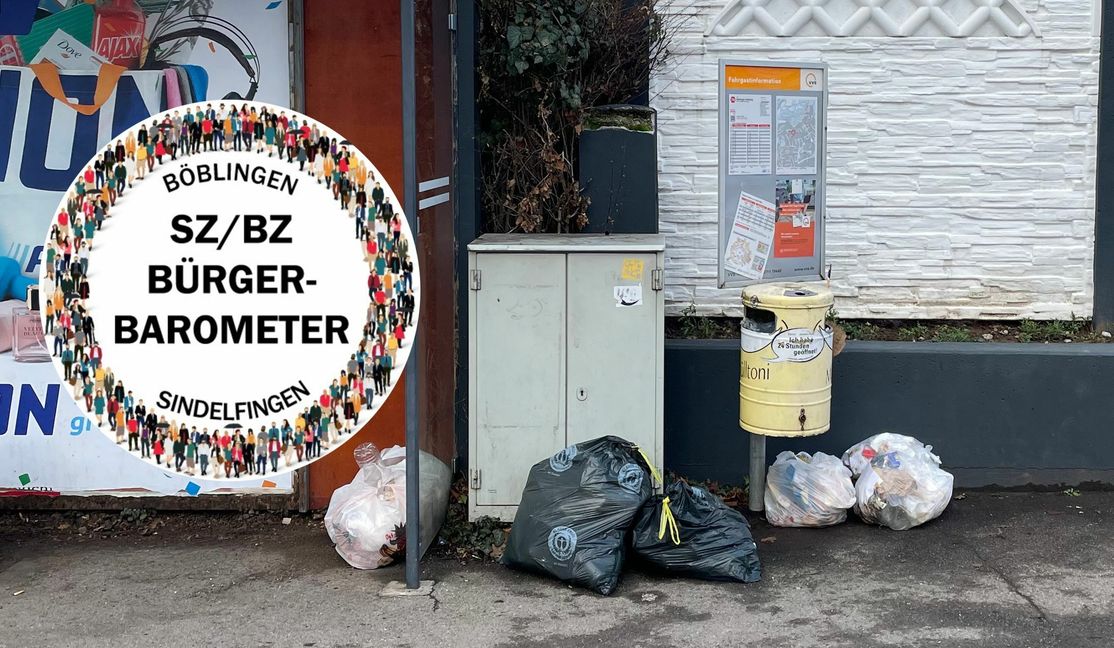 Kein seltenes Bild in Sindelfingen: Illegal abgestellter Hausmüll an einem Mülltoni-Mülleimer an der Bushaltestelle in der Arthur-Gruber-Straße. Bild: Röhm/Grafiken: Teufel