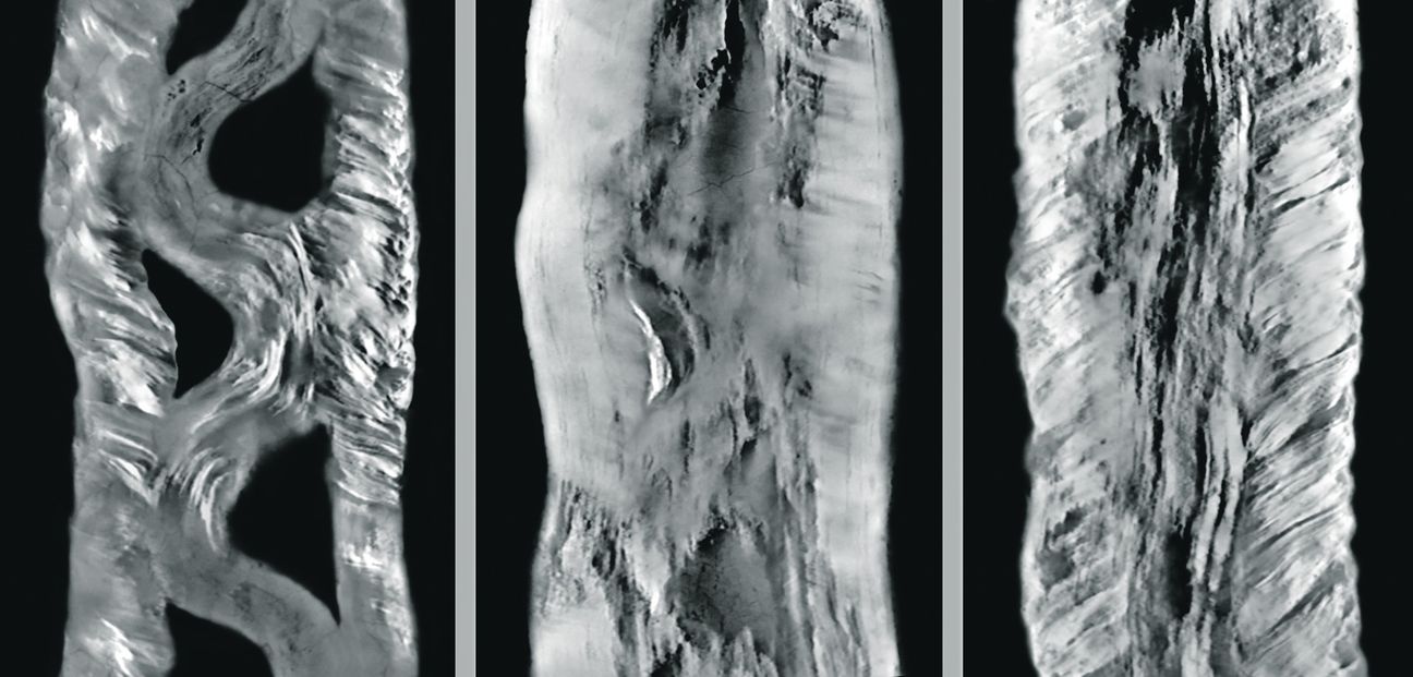 Computertomografische Rekonstruktion des Sindelfinger Schwertes. Die Konstruktionsebenen im Musterstreifen der Klinge wurden aus über 100 Schnittbildern zusammengefügt. Bild: Moritz Paysan, Landesmuseum Württemberg