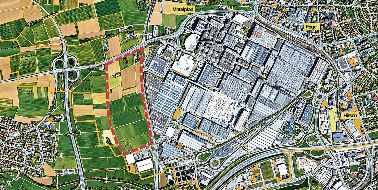 Hier soll das neue Gewerbe- und Industriegebiet entstehen. Das Luftbild zeigt das Mercedes-Werk Sindelfingen. An das Areal grenzt direkt die Factory 56 an.