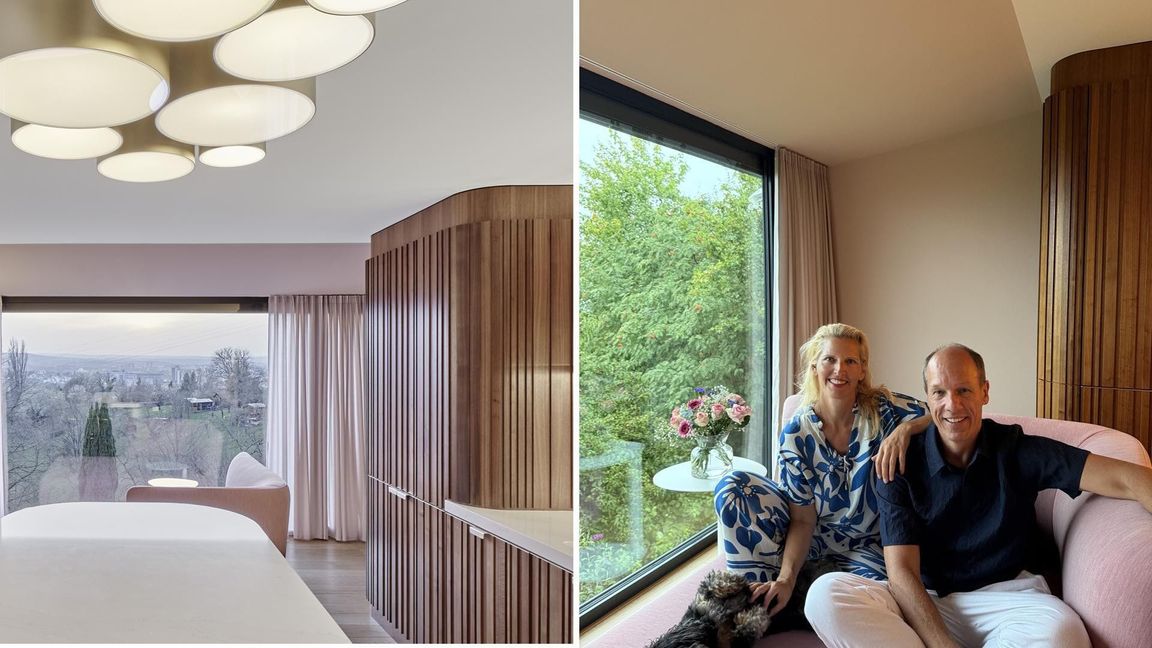 Blick in die vom Stuttgarter Innenarchitekten Alexander Fehre umgestaltete Küche von Nadine und Mathias Albert – und Hund Larry.