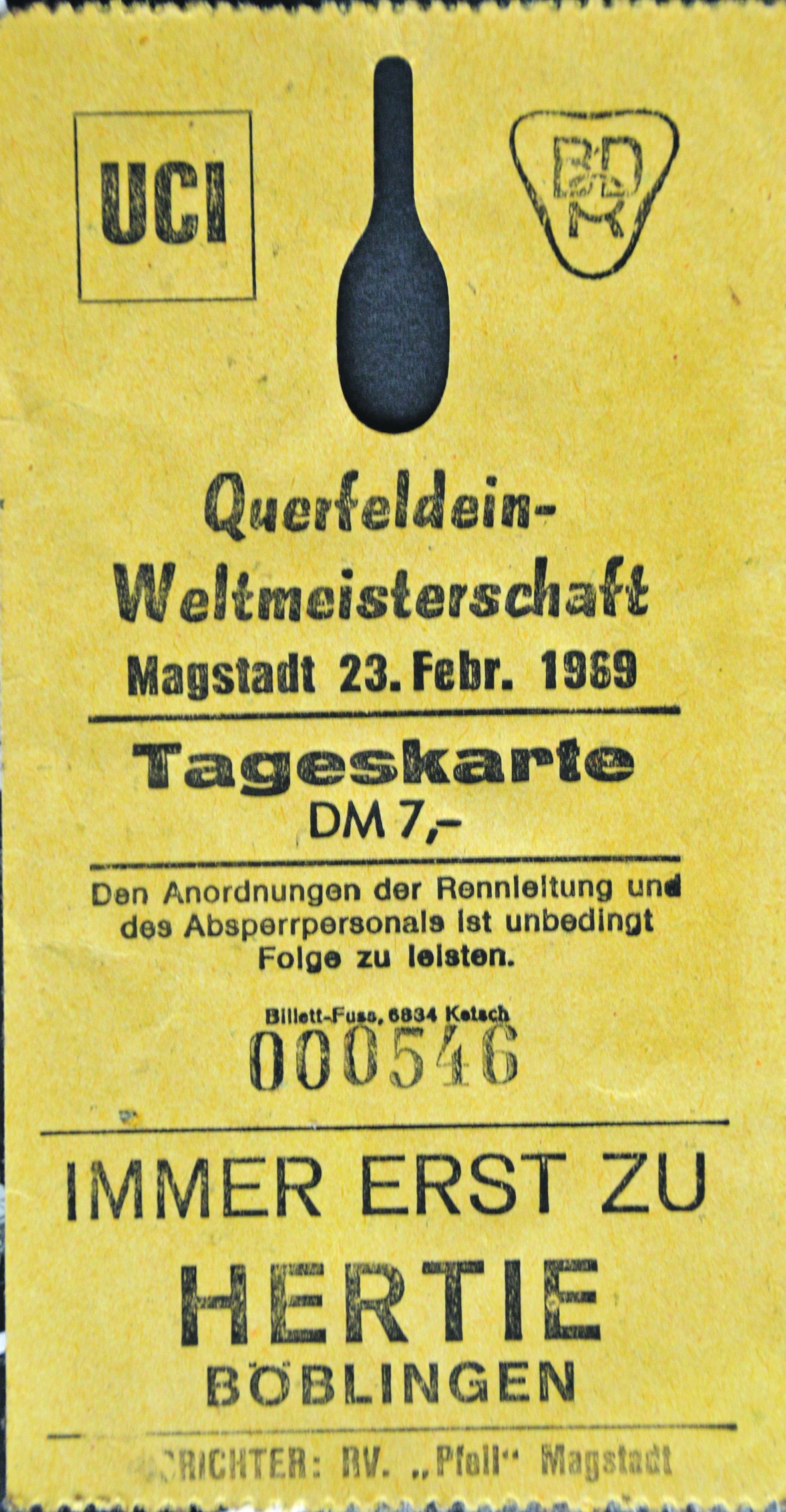 Eine Eintrittskarte zur Cross-WM 1969 in Magstadt.
