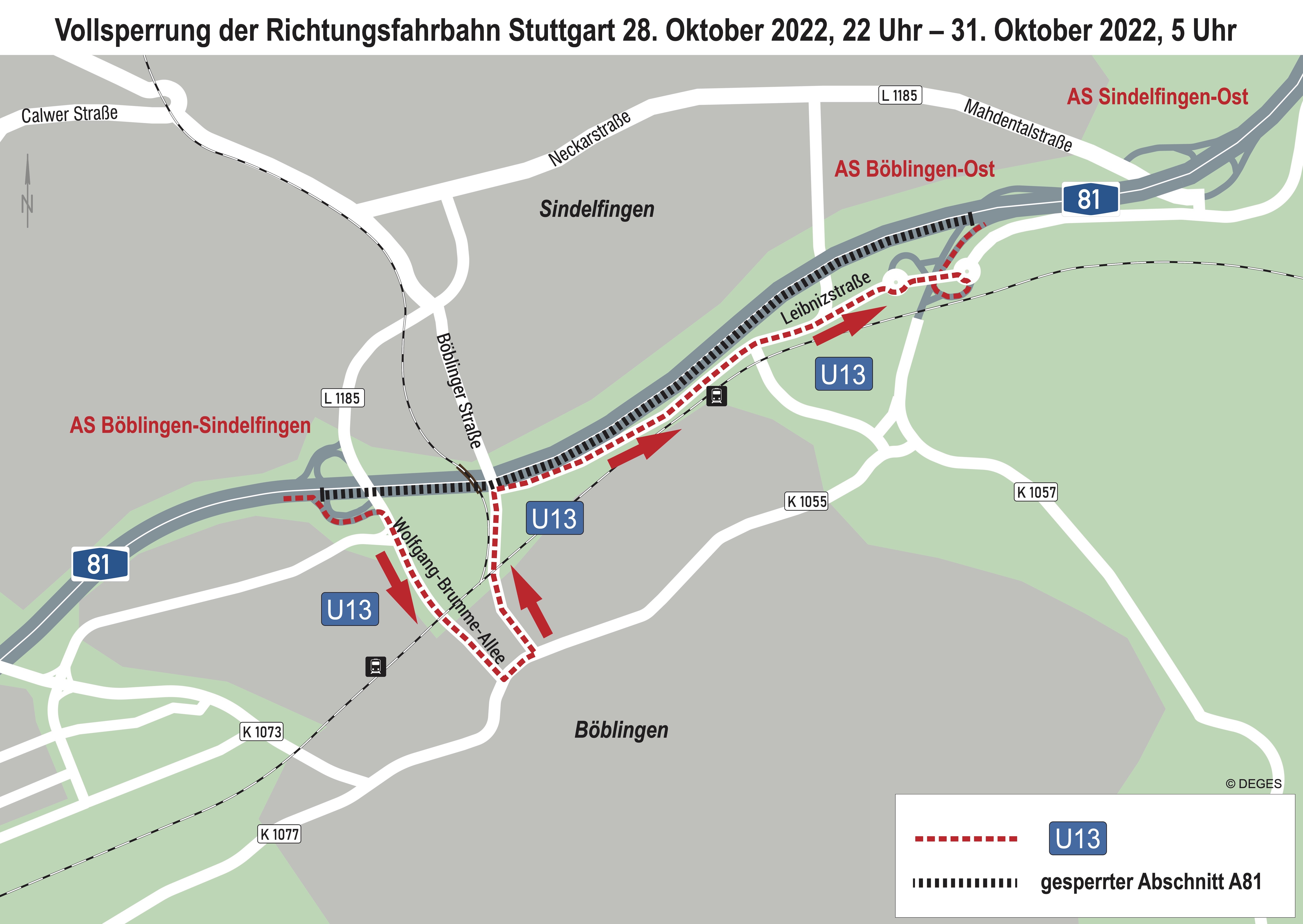 Folge dem Pfeil: die Umleitungsempfehlung während der Sperrung der A 81 in Richtung Stuttgart vom Freitag, 28. Oktober, 22 Uhr, bis Montag, 31. Oktober, 5 Uhr. Die Fahrbahnen in Richtung Singen bleiben offen. Quelle: Deges/Grafik Teufel