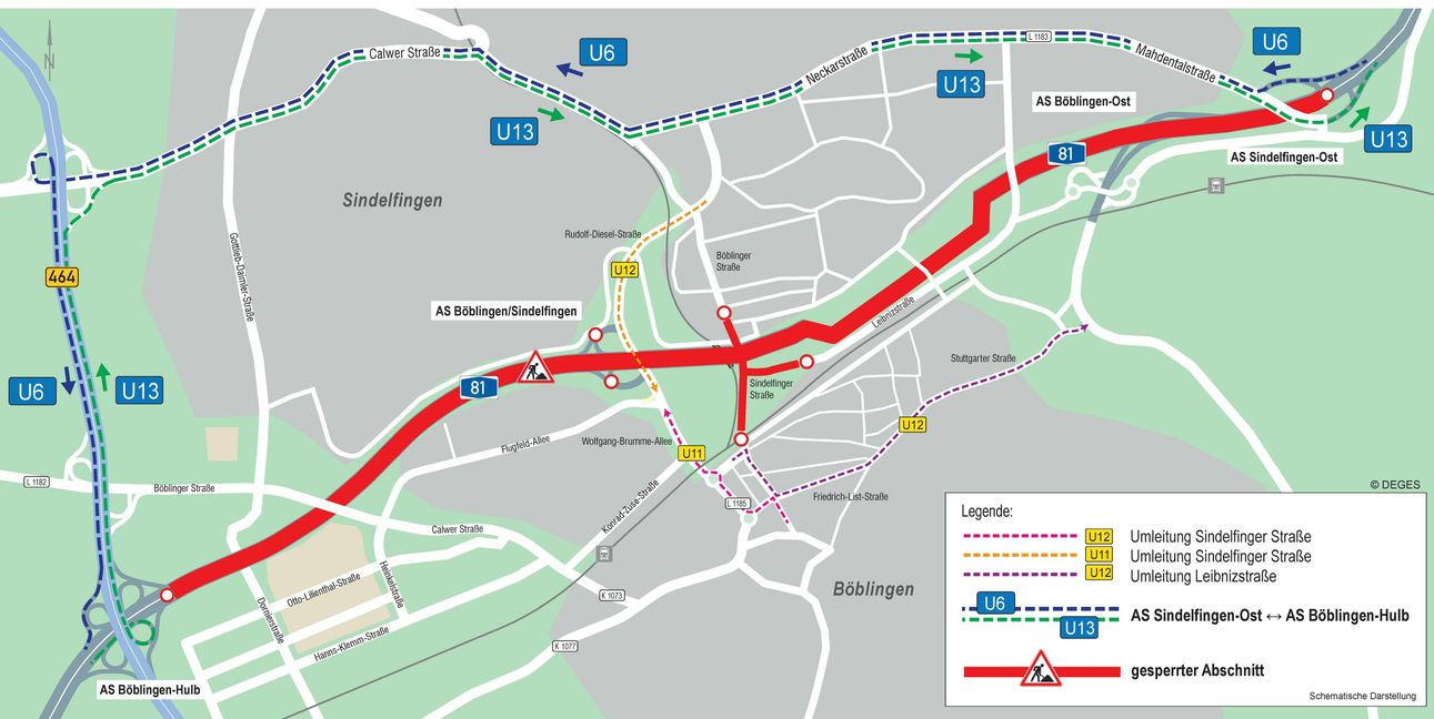Die Grafik zeigt die Umleitungsstrecken während der Sperrung. Grafik: Deges