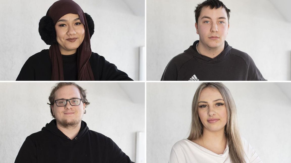 Vier Schülerinnen und Schüler an der Gewerblichen Schule Im Hoppenlau: Rukye B., Robin A., Nora Stanke und Willi Dehlinger (im Uhrzeigersinn von li. oben)