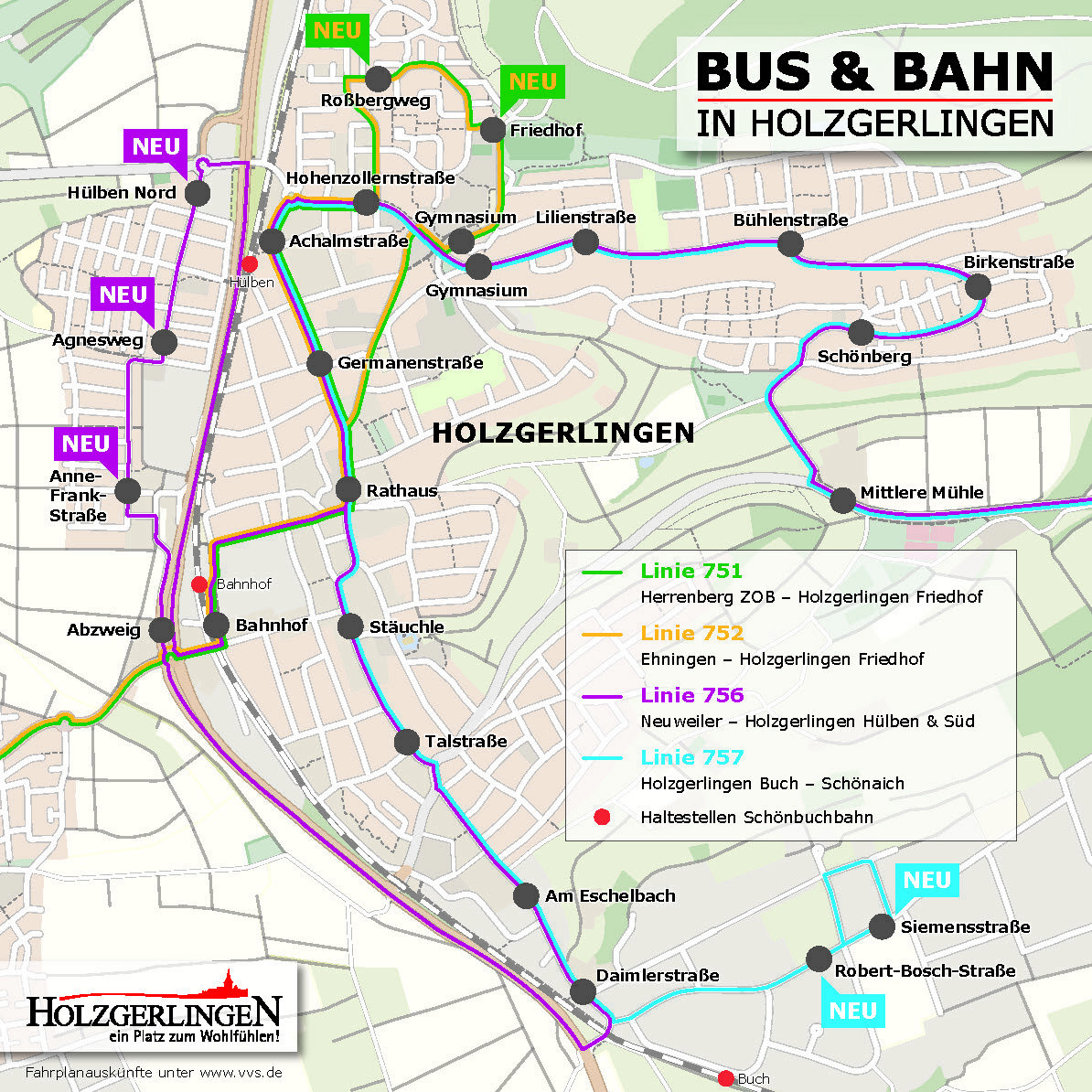 Auf dem Plan sieht man die neue Buslinie und die neuen Haltestellen in Holzgerlingen. Grafik: Stadt Holzgerlingen