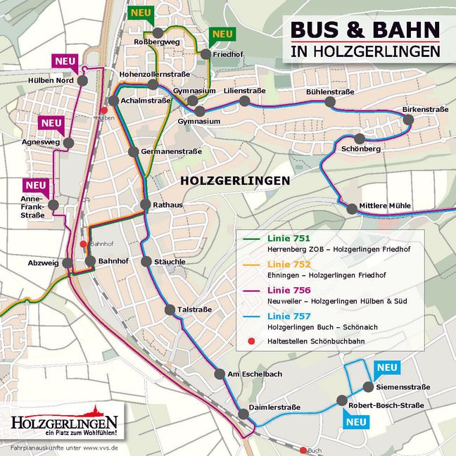 Auf dem Plan sieht man die neue Buslinie und die neuen Haltestellen in Holzgerlingen. Grafik: Stadt Holzgerlingen