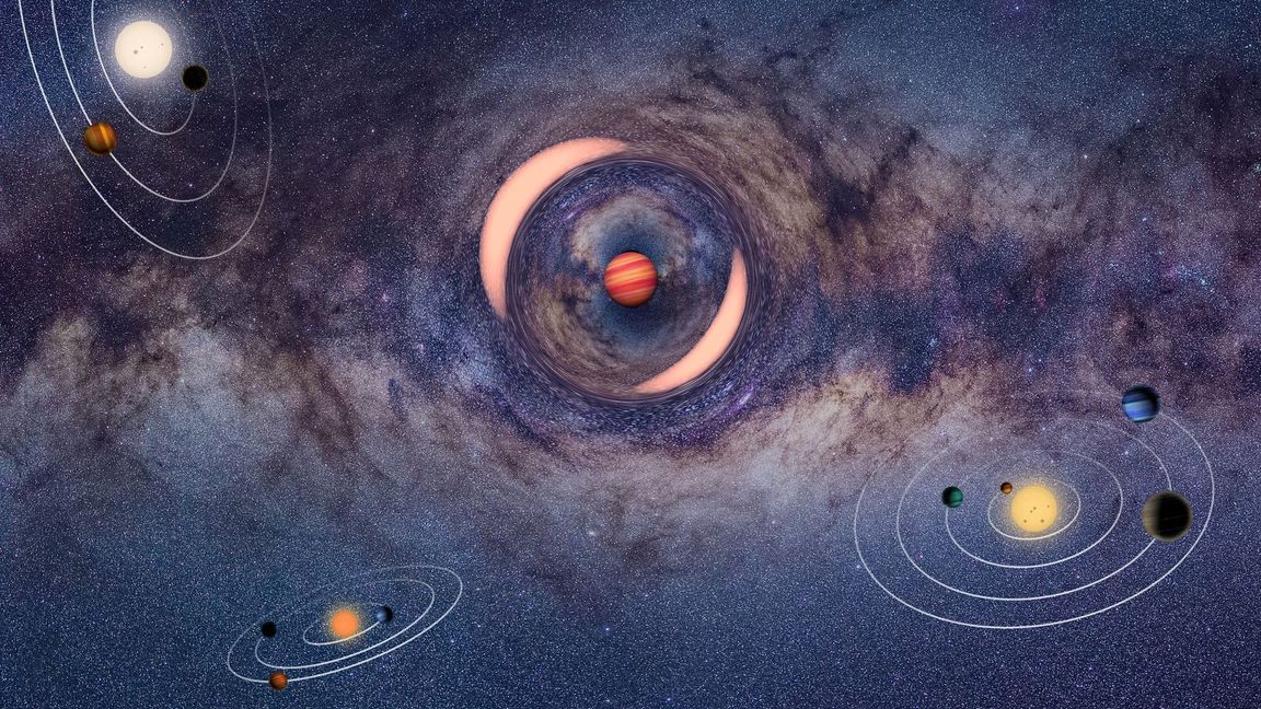 Die Illustration zeigt einen frei schwebenden Planeten, der das Licht eines dahinter liegenden Sterns ablenkt - ähnlich wie bei einem Brennglas.