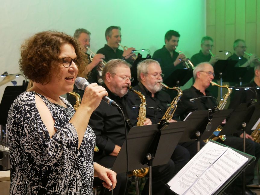 Das große Orchester des Musilvereins Schönaich mit Biggi Glaser. Bild:z