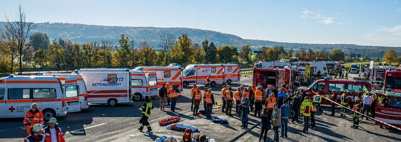 Eines der Szenarien der Großübung „Heißer Süden“ 2017: ein angenommenes Busunglück auf der A81 bei Gärtringen.