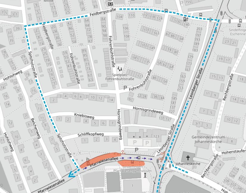 So verläuft die Umleitung wegen der gesperrten Pfarrwiesenallee.