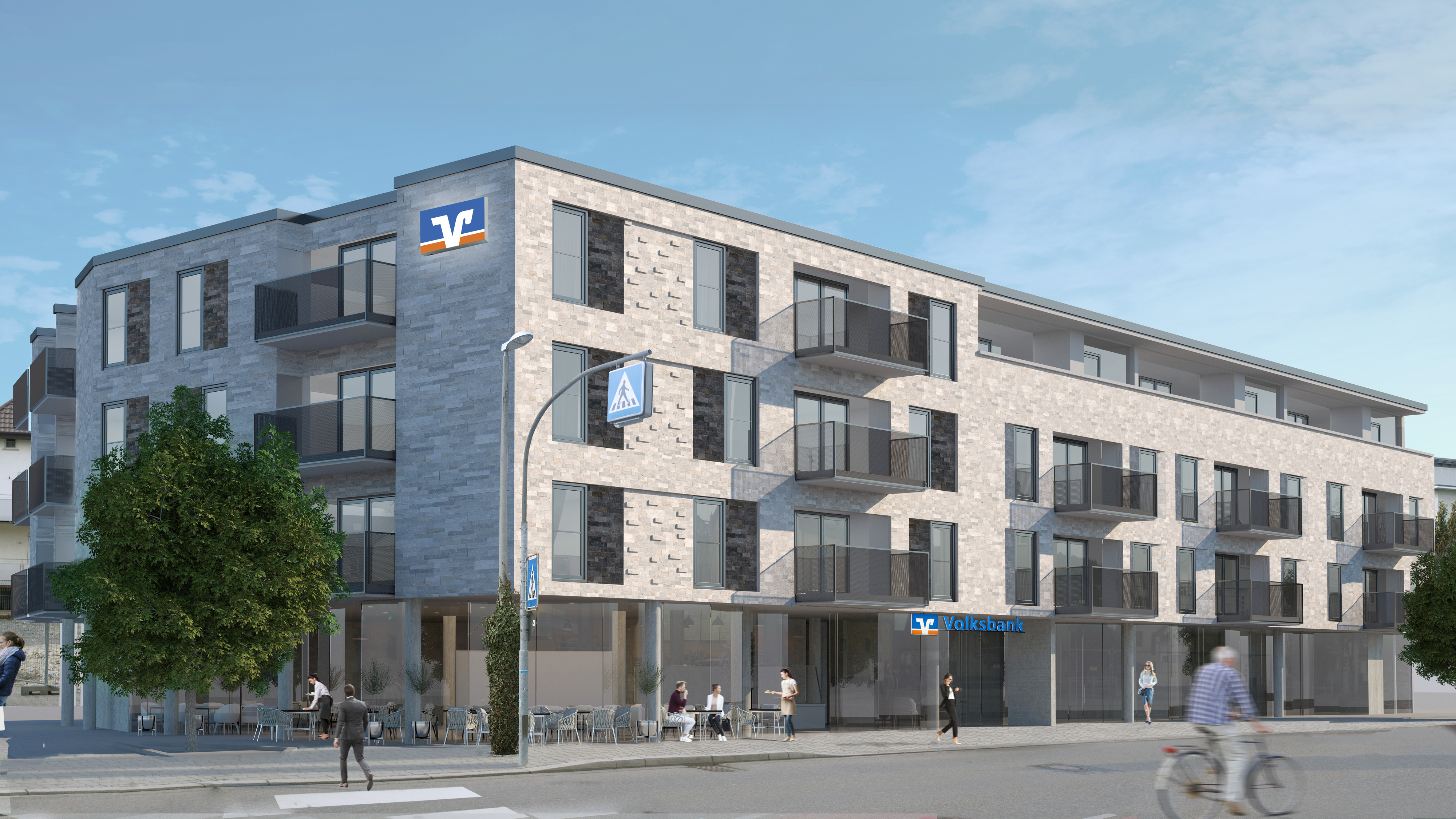 So soll das neue Wohn- und Geschäftshaus der Volksbank in der Bahnhofstraße Renningen einmal aussehen.      Bild: Volksbank