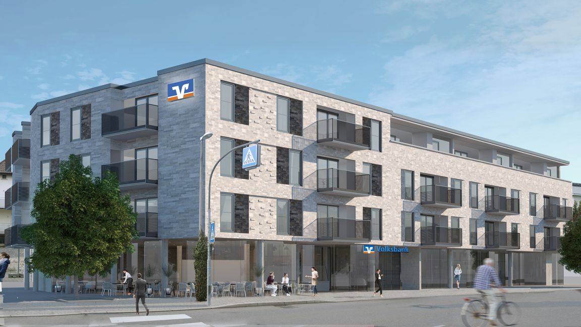 So soll das neue Wohn- und Geschäftshaus der Volksbank in der Bahnhofstraße Renningen einmal aussehen. Bild: Volksbank