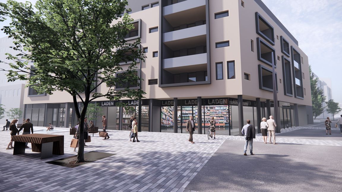 So soll das Haus aussehen, dass jetzt auf dem ehemaligen Krauß-Gelände an der Ecke Bahnhofstraße/Wilhelmstraße gebaut wird. Bild: BB Wohnbau Böblingen