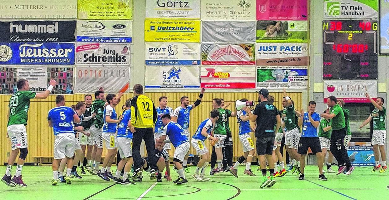Als die 60 Minuten um waren, feierten die bereits vor dem Spiel aufgestiegenen Kontrahenten des TV Flein (grüne Trikots) und der HSG Böblingen/Sindelfingen (blaue Trikots) gemeinsam den Sprung in die Württemberg-Liga. Bild: z