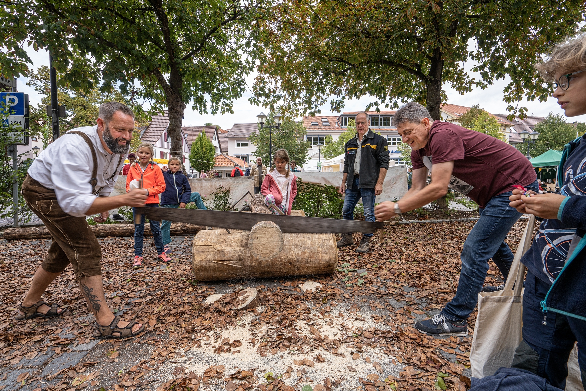 So wird richtig Holz gesägt: Hans Kienle (links) und Uli Hosbotzky. Bild: Richter