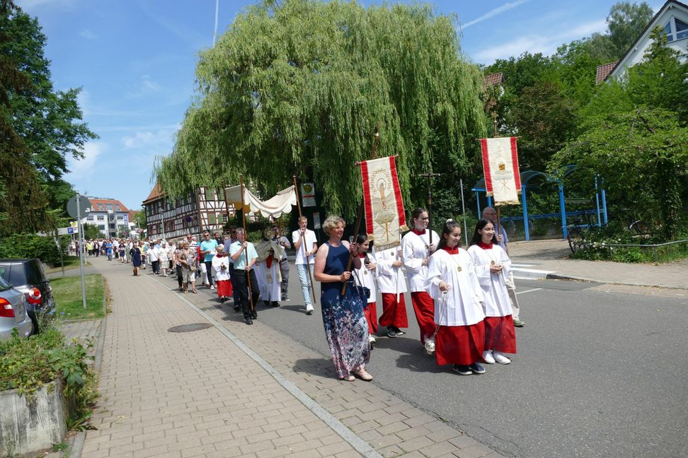 Beim Fronleichnamsfest in Maichingen zogen die Menschen in Richtung der katholischen Kirche St. Anna, vorn Ministranten mit Kreuz und Fahnen, Kinder und Ministranten mit Weihrauchgefäßen.   Bild: Lück