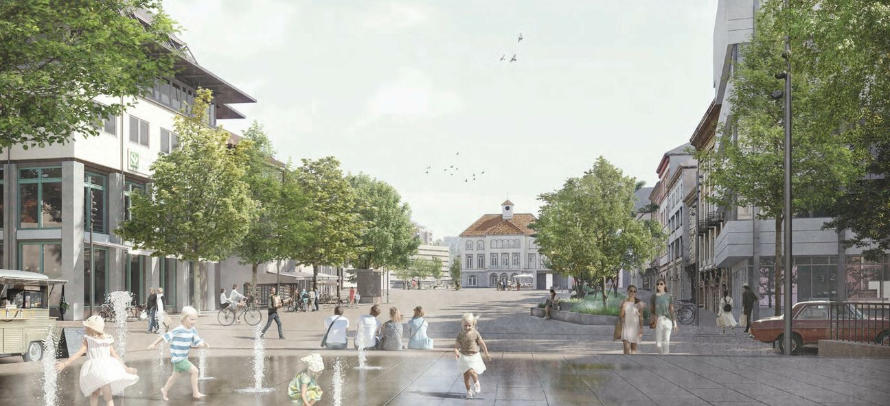Wasserfontänen auf dem Planiedreick. Mehr Bäume und Schatten. Ein ebener Belag und ein Platz, der sich bis zu den Gebäudegrenzen zieht. So sieht der Siegerentwurf für den Sindelfinger Marktplatz der Zukunft aus. Bild: BHM Planungsgesellschaft mbH/z