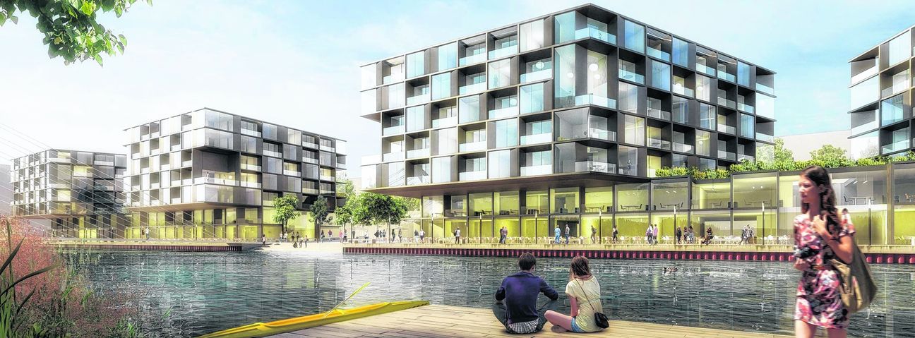 So stellen sich die Planer das künftige Leben am Langen See auf dem Flugfeld Böblingen/Sindelfingen vor. Die BBG will dort 120 Millionen Euro in die Hand nehmen für Gastronomie und Gewerbe sowie 180 Wohnungen bauen. Bild: Kadawittfeldarchitektur