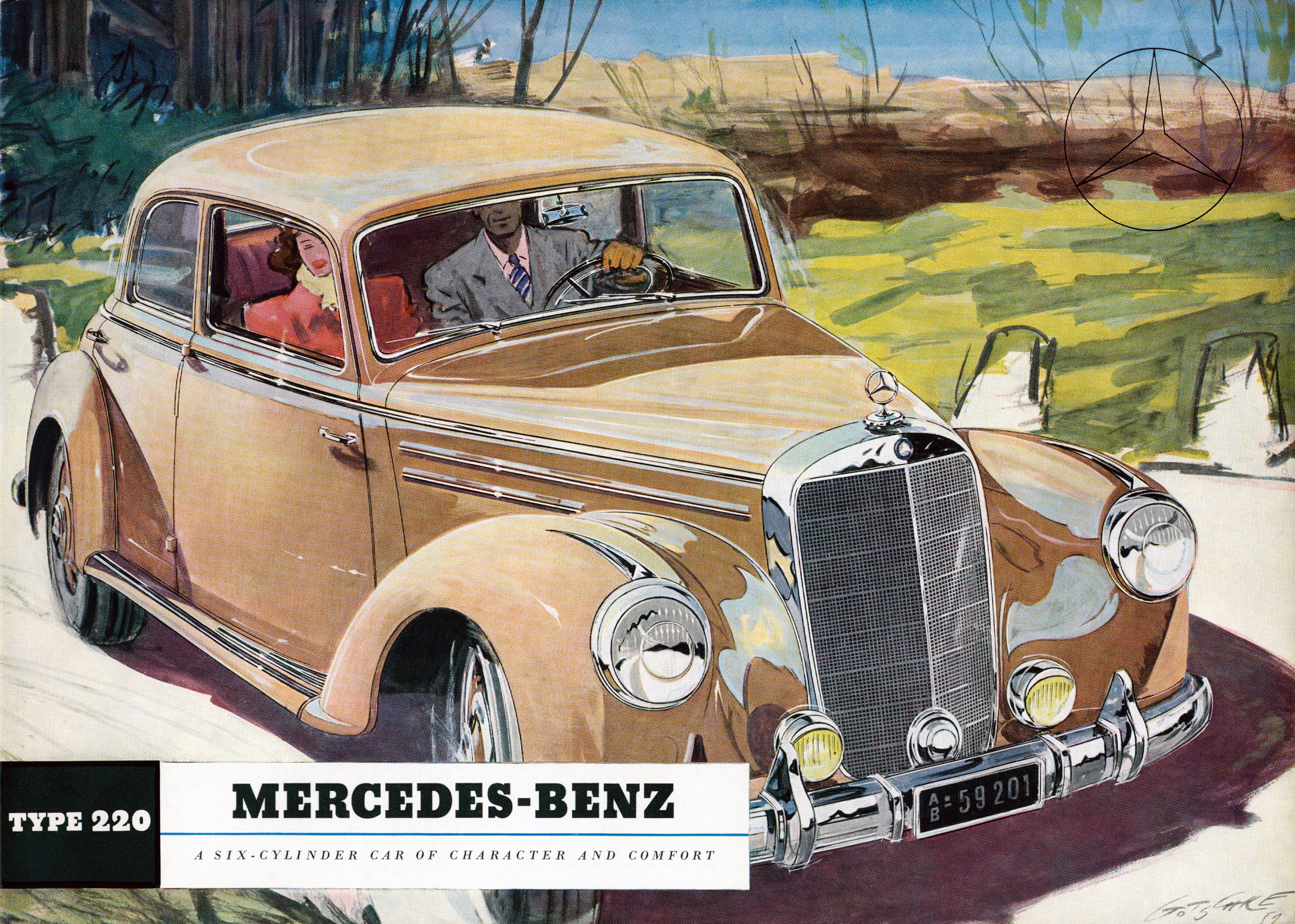 Mercedes-Benz 220 (W 187). Titelblatt des Prospekts von 1951 mit einer Zeichnung von Walter Gotschke. (Fotosignatur der Mercedes-Benz Classic Archive: 2005DIG1137)
Mercedes-Benz 220 (W 187). Cover of the 1951 brochure with a drawing by Walter Gotschke. (Photo signature in the Mercedes-Benz Classic archive: 2005DIG1137)
 MediaPortal Daimler AG