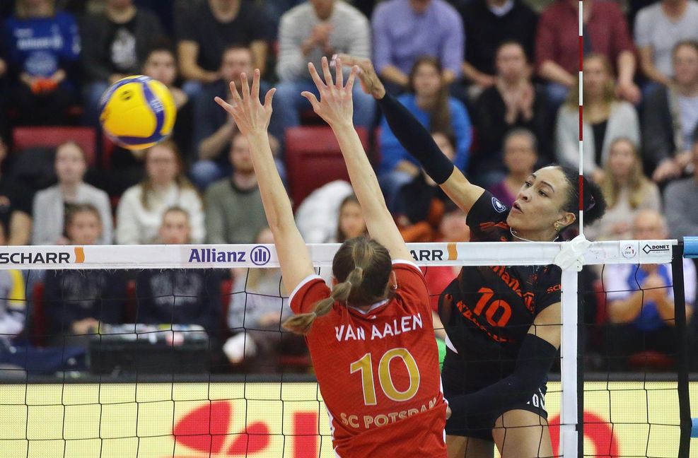 Am Dienstag beginnt die Play-off-Serie um die Meisterschaft – wer wird am Ende den Titel gewinnen? Die Stuttgarterinnen um Simone Lee (rechts) von Allianz MTV Stuttgart oder die Potsdamerinnen?