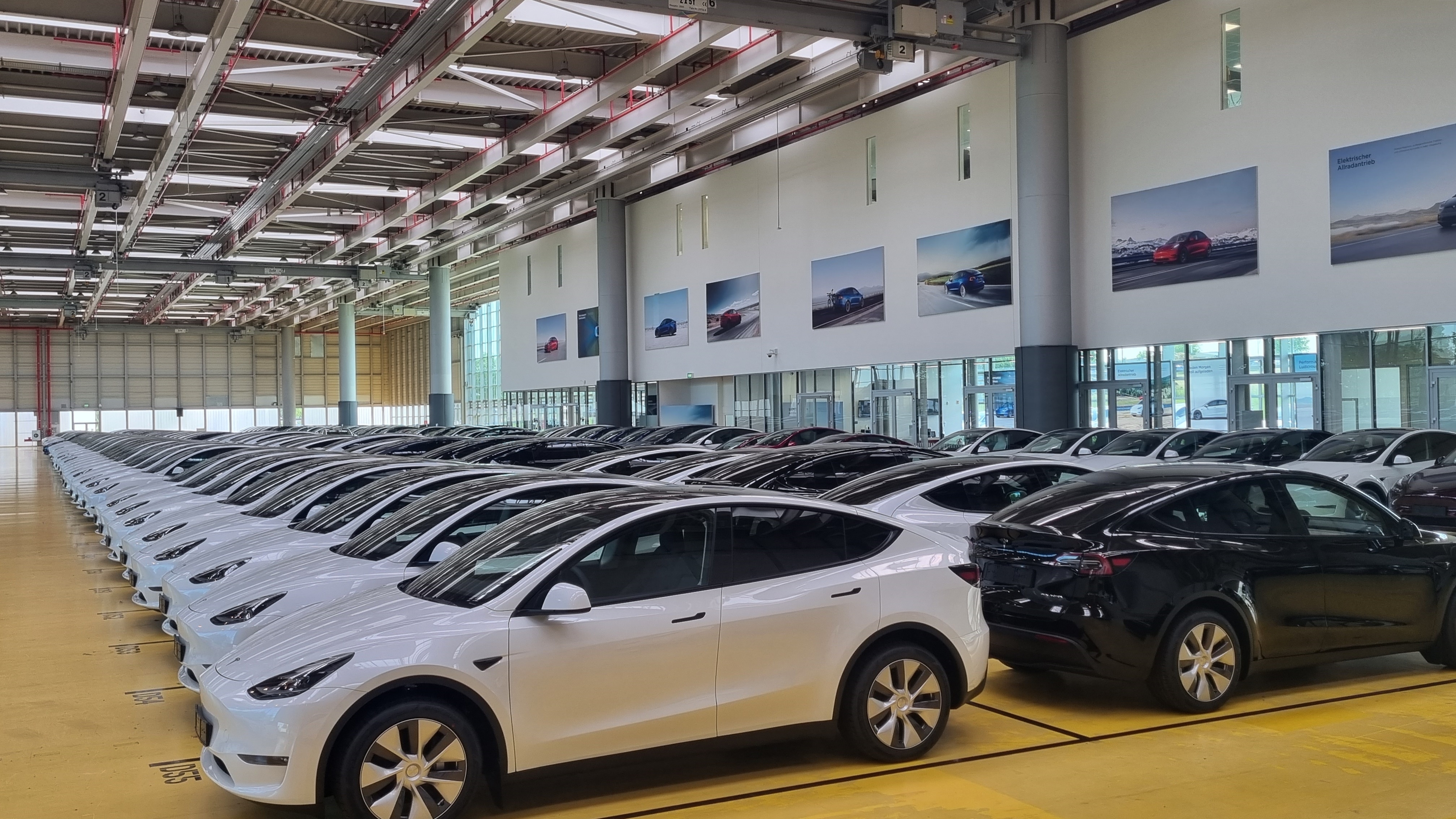 In der ehemaligen Montagehalle von Eisenmann in Holzgerlingen stehen seit Februar fein aneinandergereiht Tesla-Fahrzeuge und warten auf  ihre neuen Besitzer: Das Auslieferungszentrum ist das größte Europas des US-Automobilkonzerns. Bild: Hamann