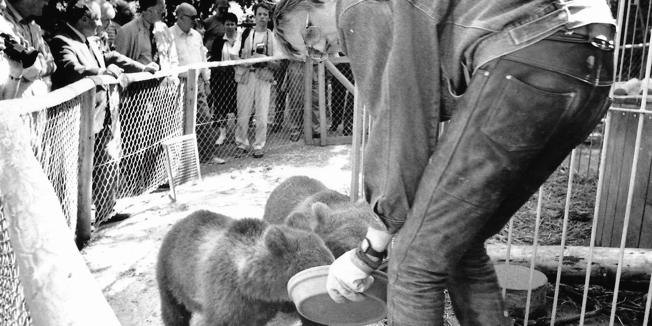 Der Sindelfinger Karl-Heinz Boeck kümmert sich 1990 um die drei Bären, die als Geschenk aus Torgau zur Landesgartenschau ein halbes Jahr im Sommerhofenpark leben.      Bild: Stampe/Archiv P. Bausch