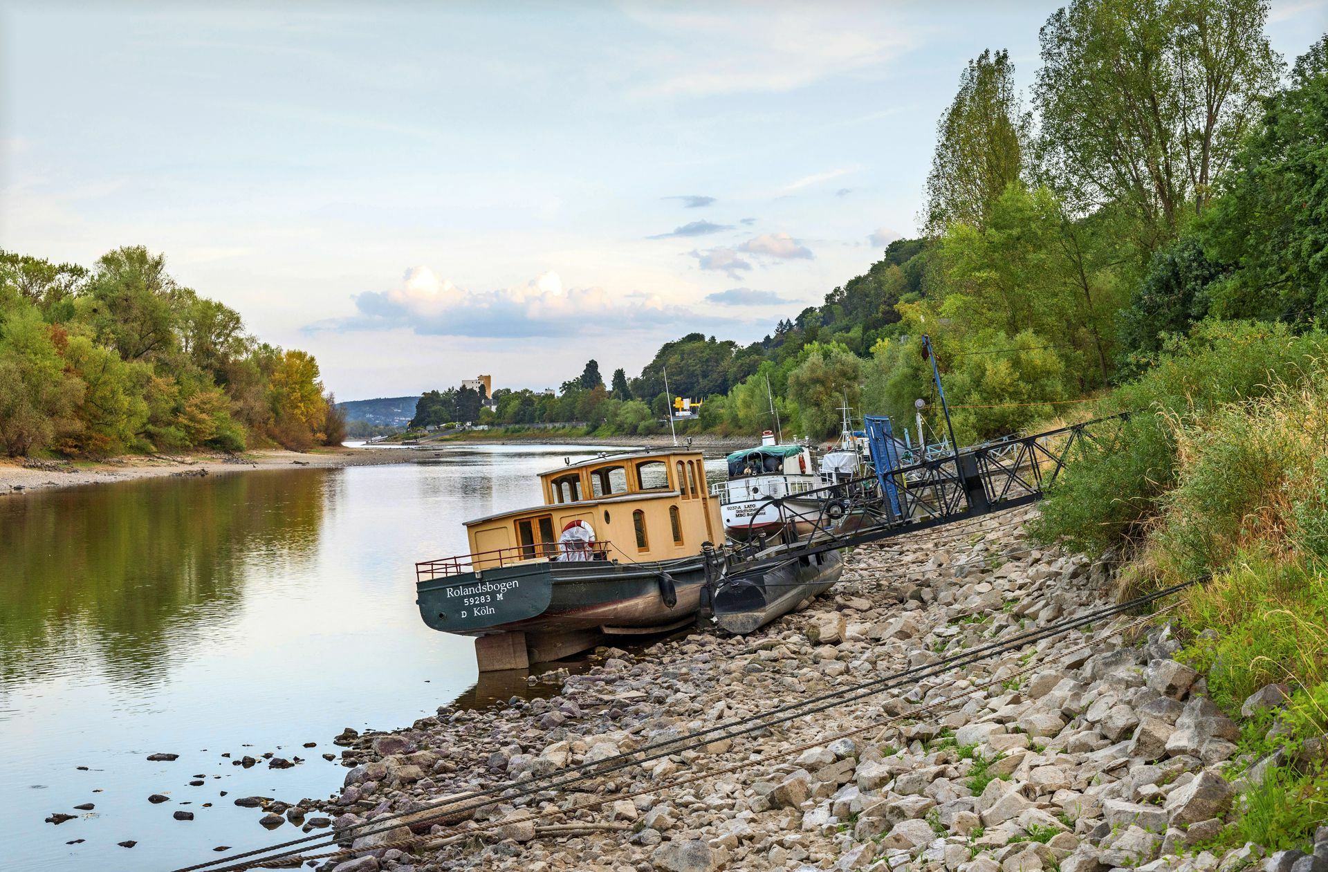 Auch bei  der Rheininsel Nonnenwerth  herrscht Niedrigwasser.