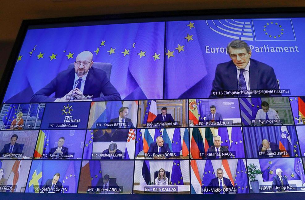 Gipfel-Format: Wieder einmal treffen sich die Staats- und Regierungschefs nur auf dem Videoschirm. Foto: AFP/Olivier Hosliet