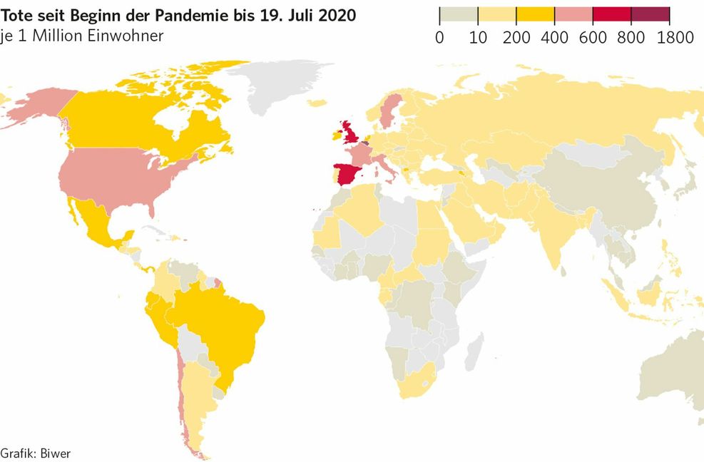 Bis Juli starben in den USA viele Menschen, ebenfalls in Südamerika. Auch Großbritannien und Spanien hatten viele Todesfälle zu beklagen.