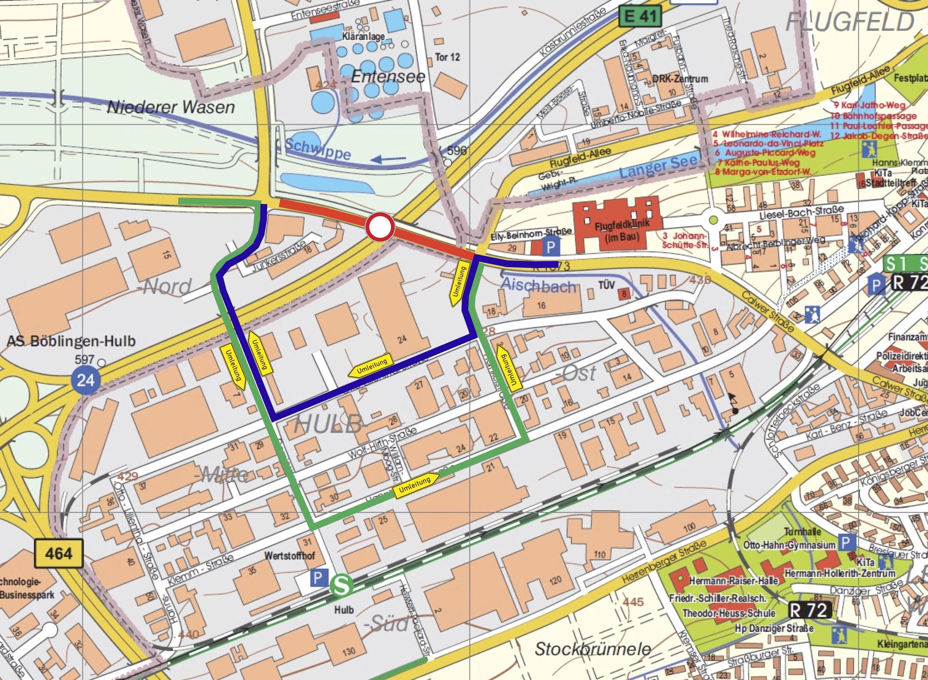 Während der Sperrung vom 14. auf den 15. Februar verläuft die Umleitung über Dornierstraße – Hanns-Klemm-Straße – Heinkelstraße zur Böblinger / Calwer Straße.    Grafik: DEGES