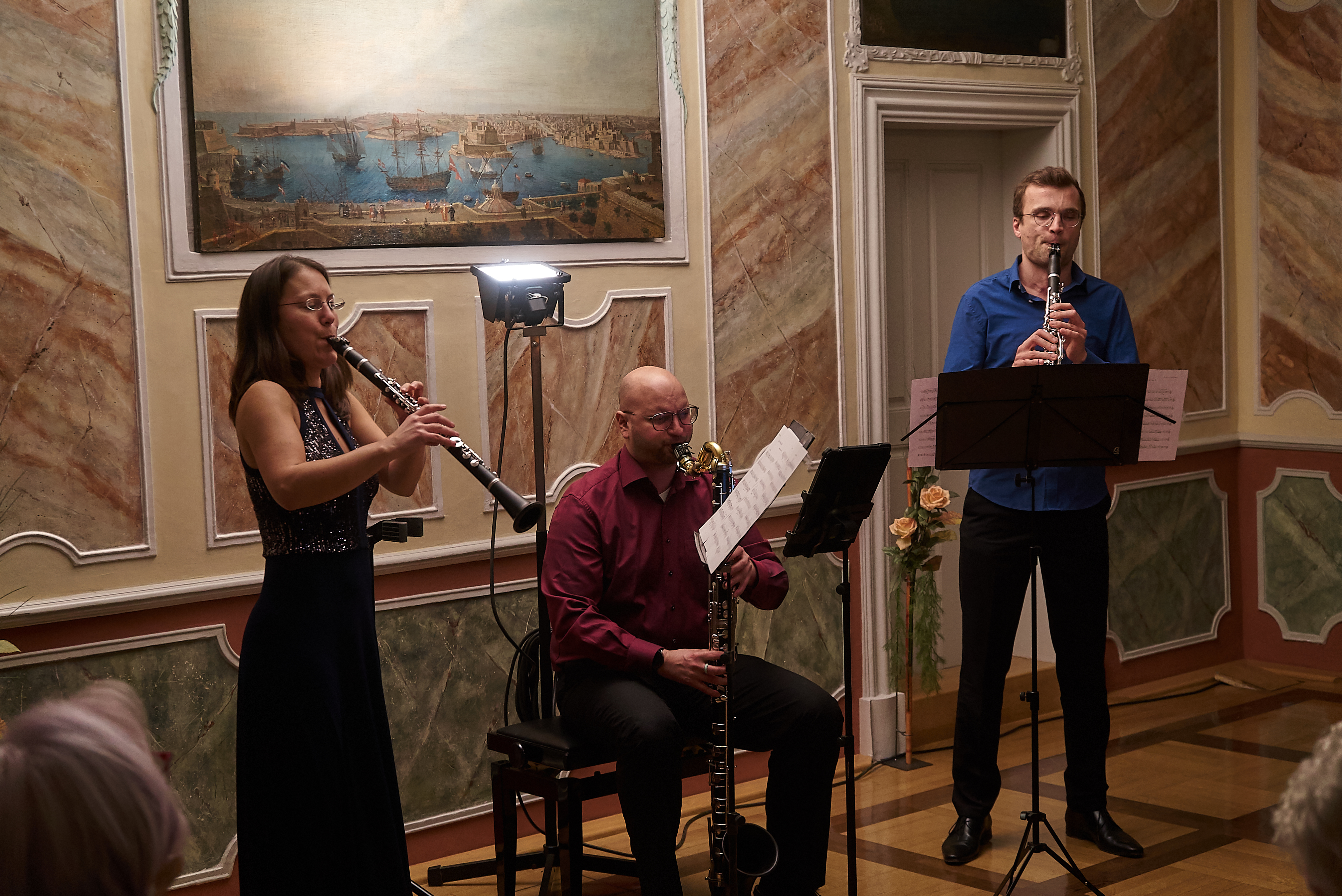 Das Klarinettentrio Schmuck spielte im Maltesersaal auf Schloss Dätzingen.             Bild Heiden