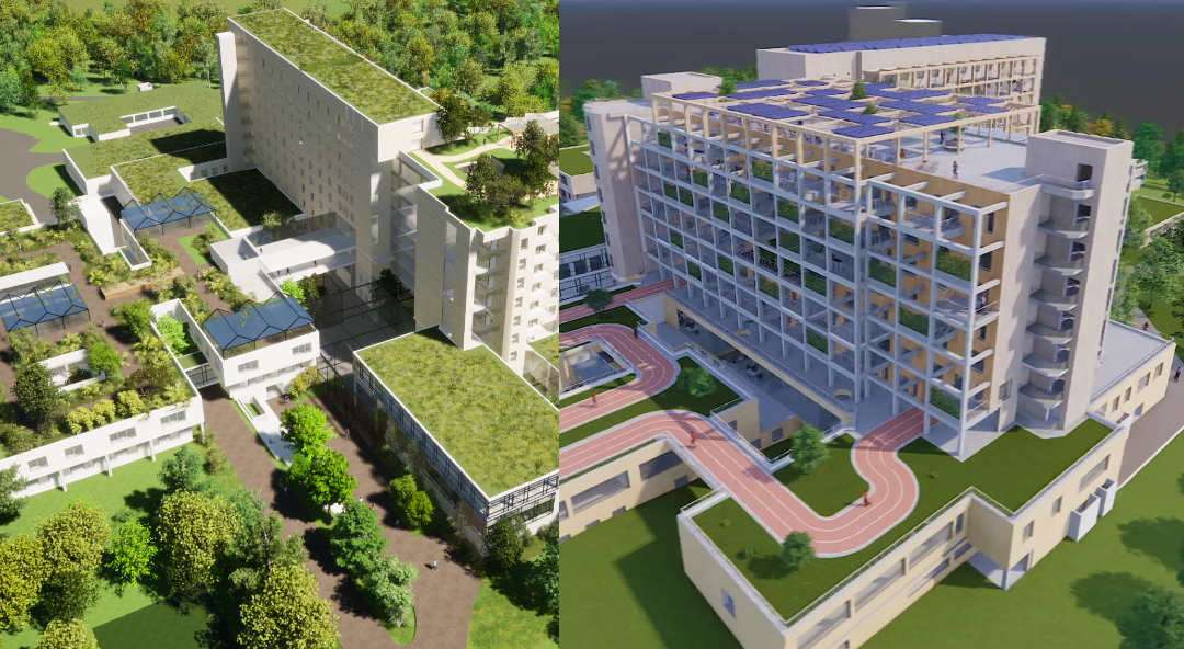 Die Visualisierungen des VDI-Wettbewerbs-Preisträger für das Sindelfinger Krankenhaus-Areal. Links der Entwurf "Tree Towers", rechts das "Wohlquartier".                Bilder: z