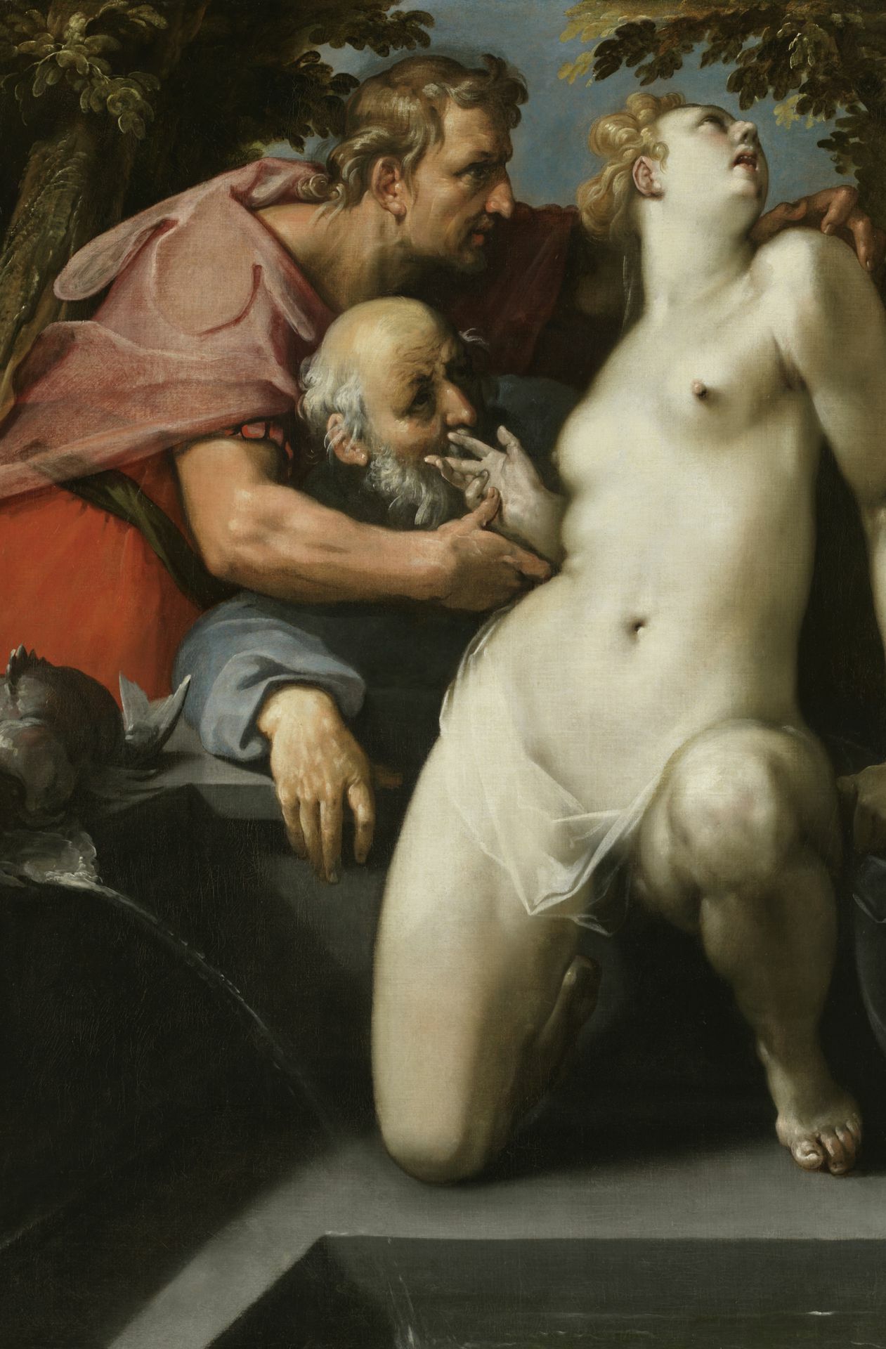 Cornelis van Haarlem hat die Komposition so angelegt, dass der Blick der Betrachter zwangsläufig auf den nackten Körper fällt:  „Susanna im Bade“, um 1589.
