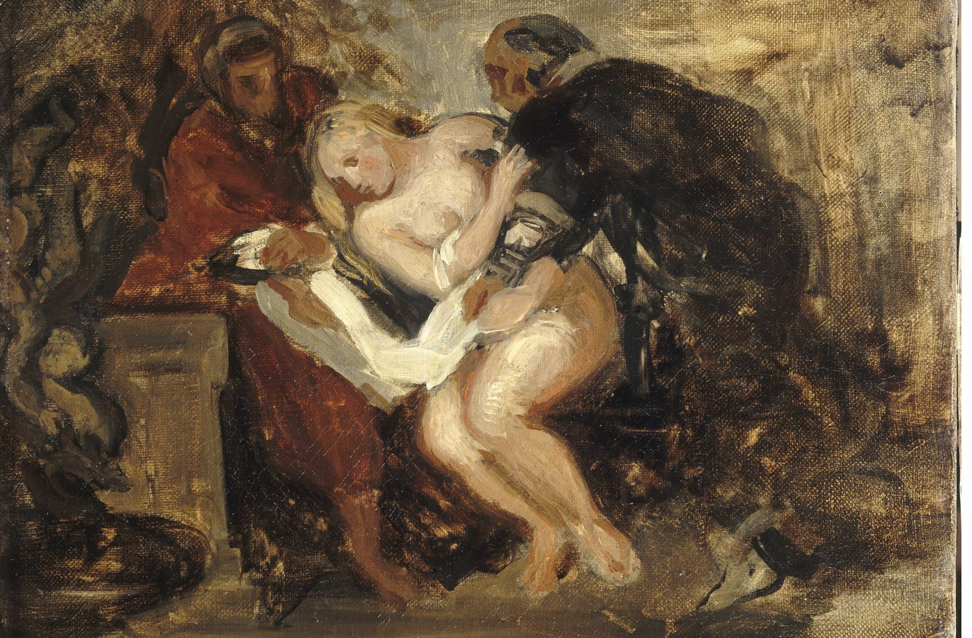 Bei Eugène Delacroix wird der Übergriff der zwei Alten deutlicher – er hat eine Vorlage von Peter Paul Rubens übernommen: „Susanna und die Alten“, um 1840.