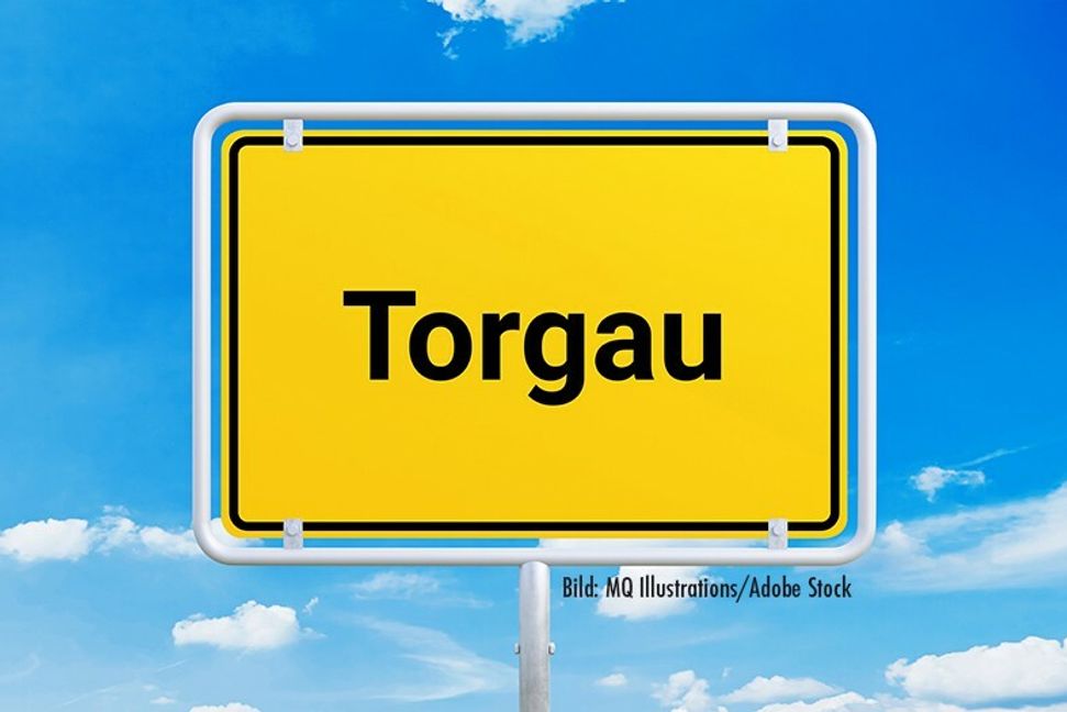 Stadt Torgau. Gelbes Schild, Ortsschild, Ortseingangsschild. Himmel mit Wolken.