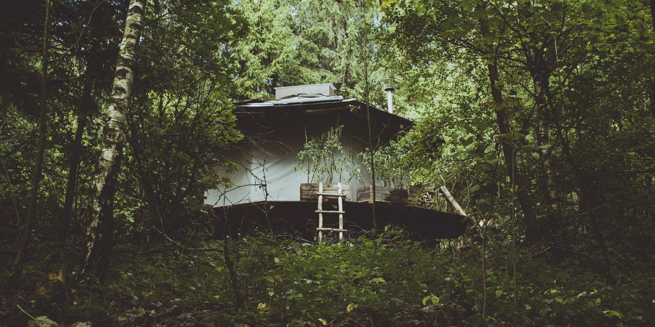 Von einem nahe gelegenen Weg aus sieht man die Hütte  mitten im Wald.