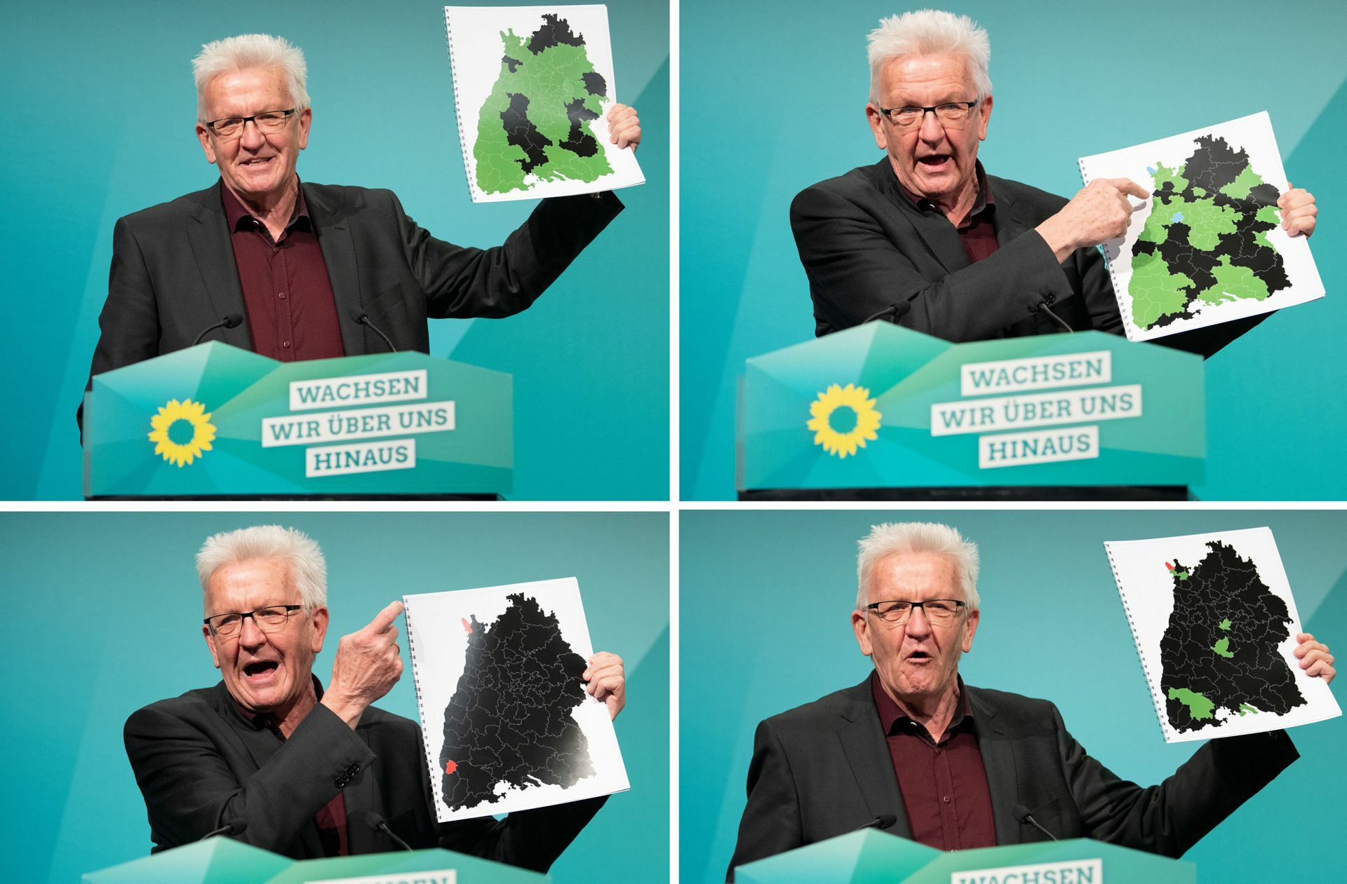 Winfried Kretschmann hält die politische Landkarte im Land seit 1980 hoch - links oben  das Wahlergebnis von 2021. Foto: dpa/Marijan Murat