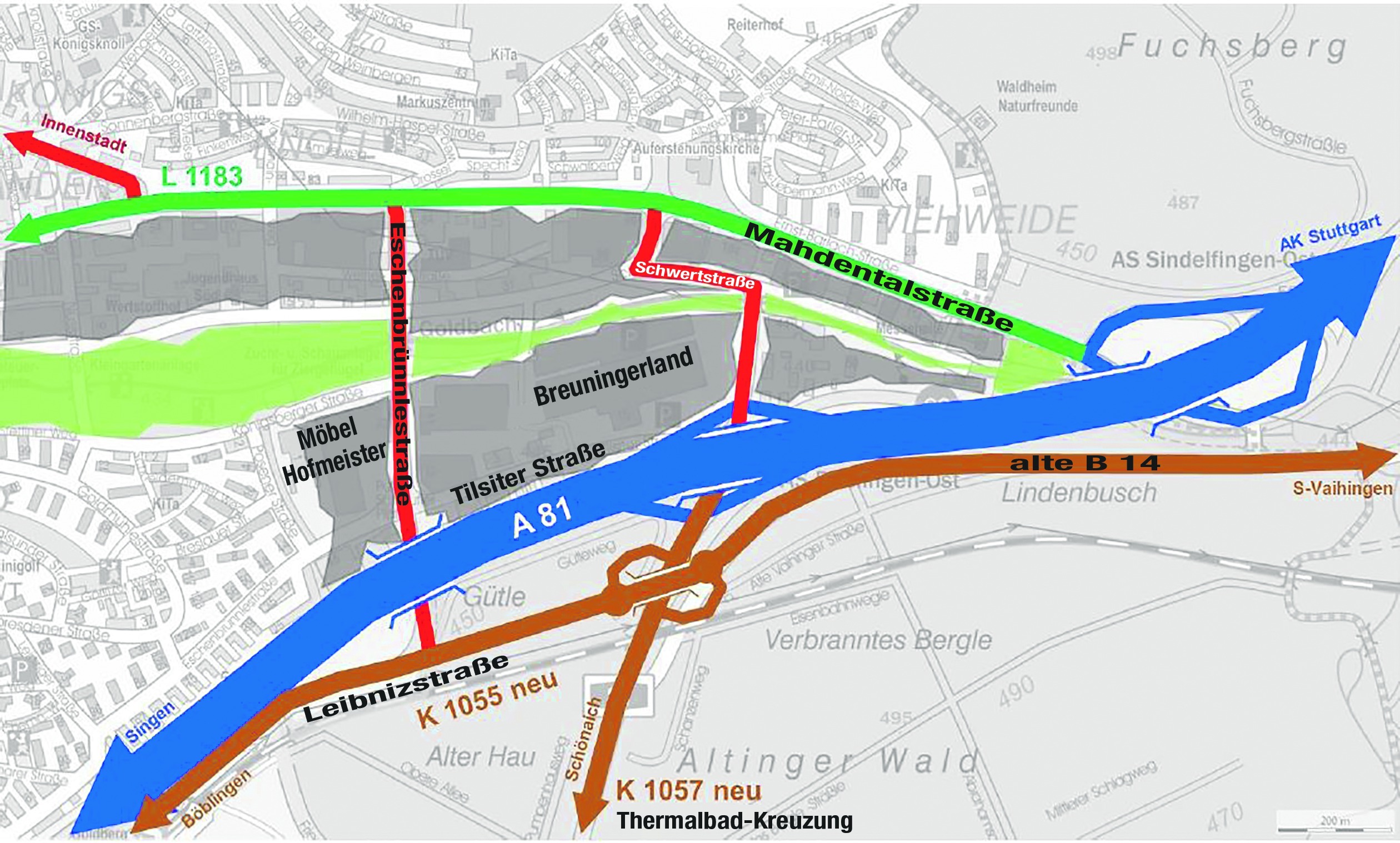 Die Verkehrsführung im Sindelfinger Osten wird sich mit dem Ausbau der A 81 deutlich verändern. So gibt es mit der verlängerten Leibnizstraße bis zur alten B 14 eine parallele Strecke zur Autobahn und der südliche Teil der Tilsiter Straße wird zur Sackgasse. An der Anschlussstelle Sindelfingen-Ost kann man nicht mehr in Richtung Singen fahren.  Bild: Stadt Sindelfingen / Montage: Schillack