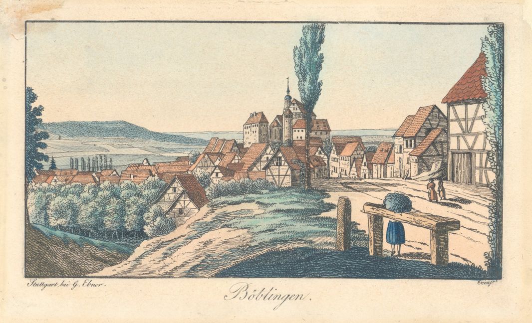 Die kolorierte Radierung von G. Ebner zeigt das Böblinger Schloss um das Jahr 1420. Bild: Stadtarchiv Böblingen