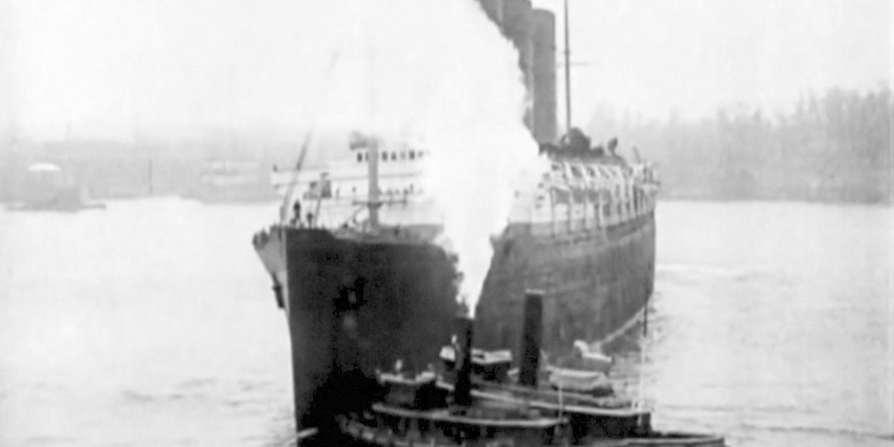 Das britische Passagierschiff „Lusitania““ wurde im Ersten Weltkrieg von einem deutschen U-Boot versenkt.