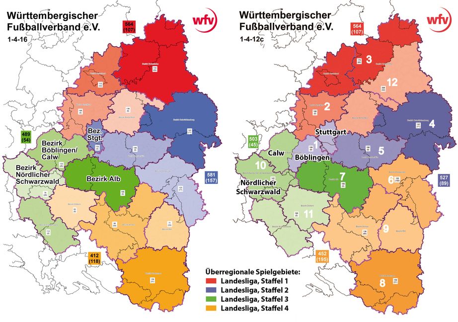 Der bisherige Zuschnitt des WFV-Verbandsgebiets mit 16 Bezirken (linke Karte) soll sich bis in drei, vier Jahren gravierend verändern: Vorgeschlagen ist unter anderem die mögliche Variante 1-4-12c mit dem neu gefassten Landesliga-Gebiet der Staffel 2 (blau)